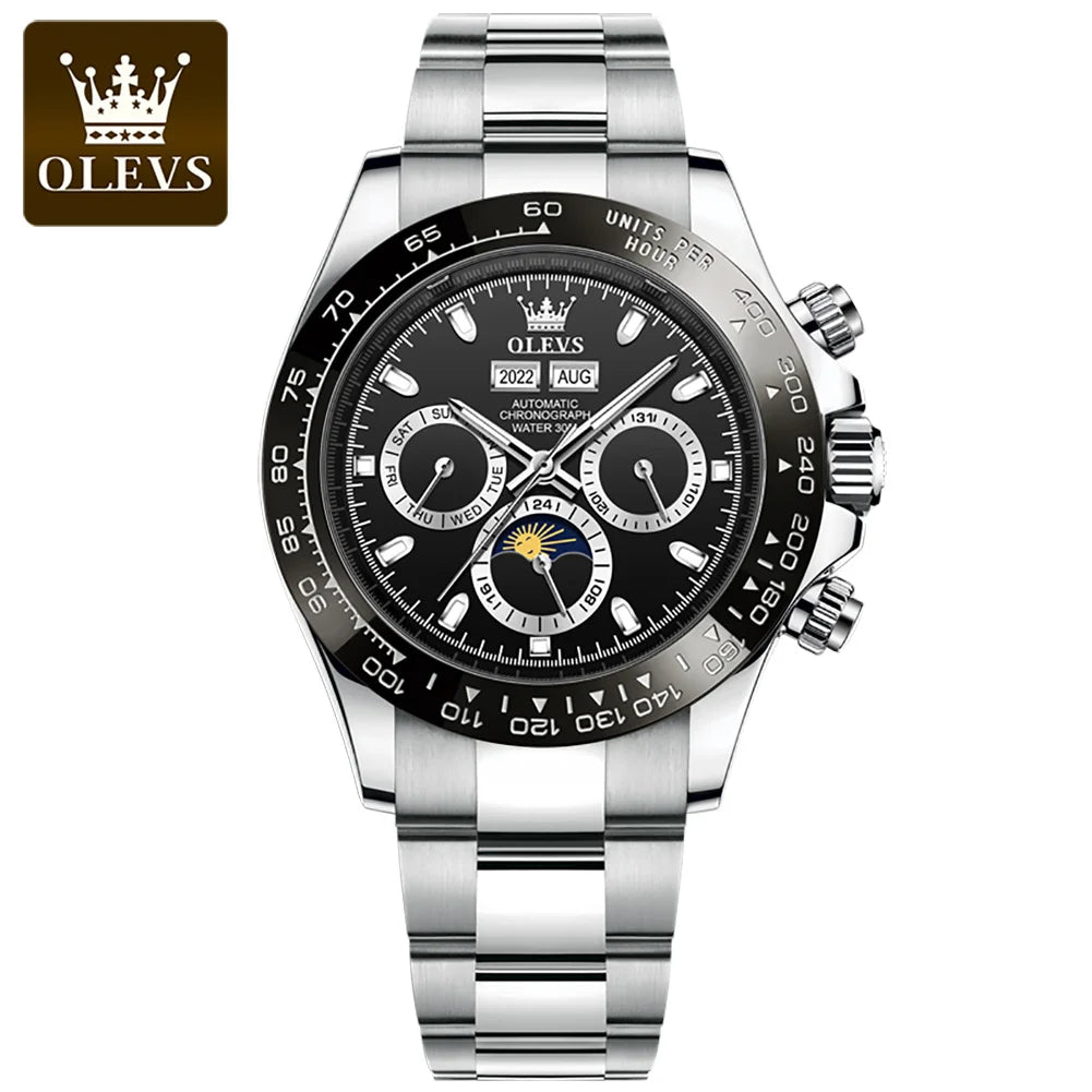 OLEVS 6654 Automatic Watches Waterproof Stainless Steel Luminous Moon Phase Dual Calendar Luxury Brand Mechanical Watch for Men
