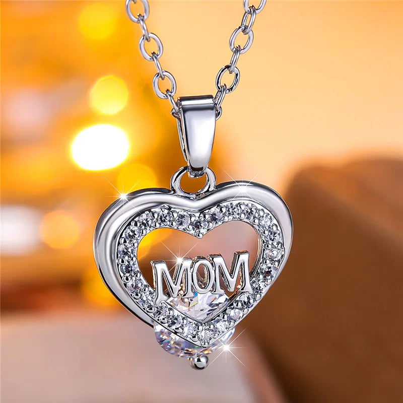 Crystal Luxury White Zircon Stone Heart Mom Letter Pendant Necklace Vintage Wedding Jewelry For Women Mother's Day Gift