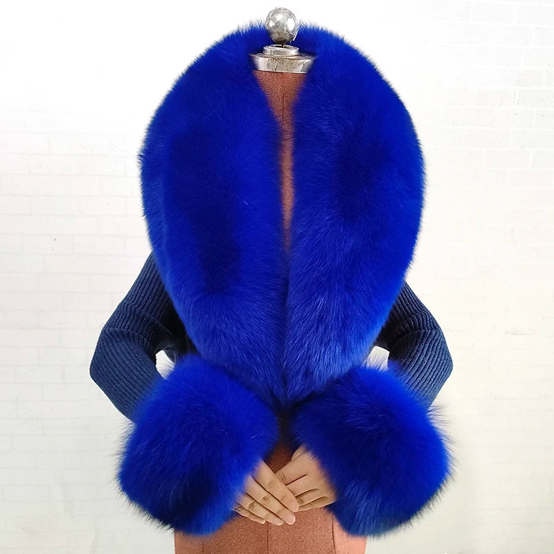 Fox Fur Solid Scarf And Cuff Set For Winter — Green | KIMLUD