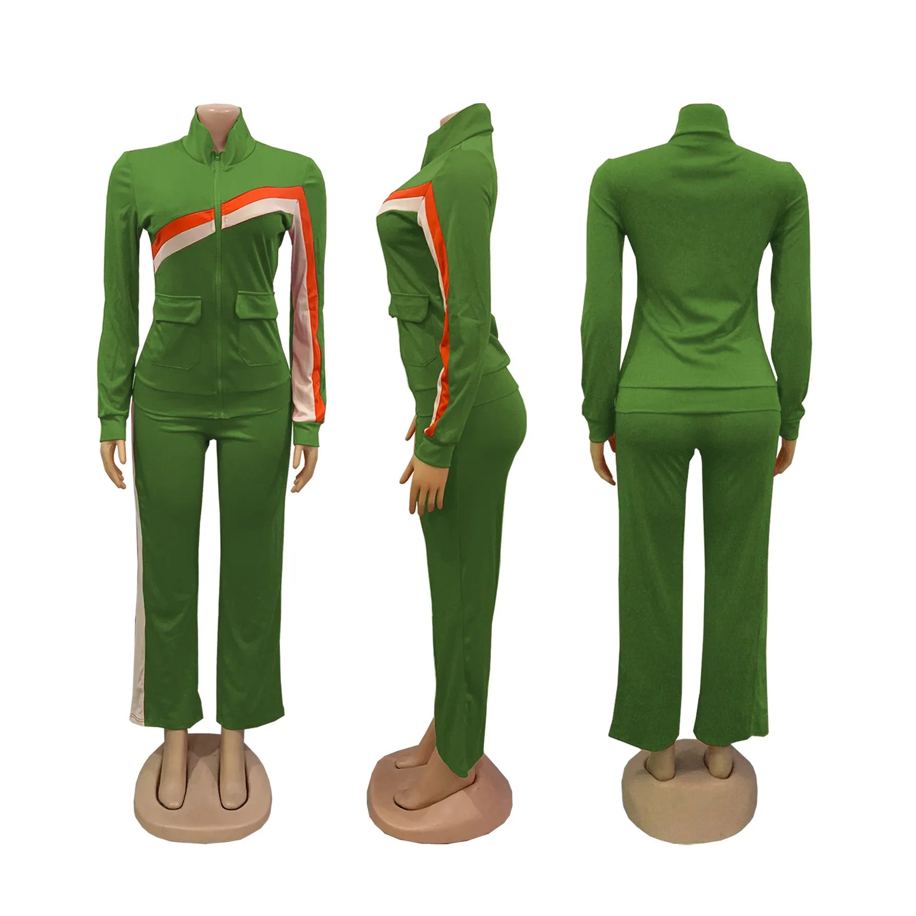 Knit Striped Splicing Two-Piece Sports Set Cream And Burnt-Orange Stripe Panels — Black | KIMLUD