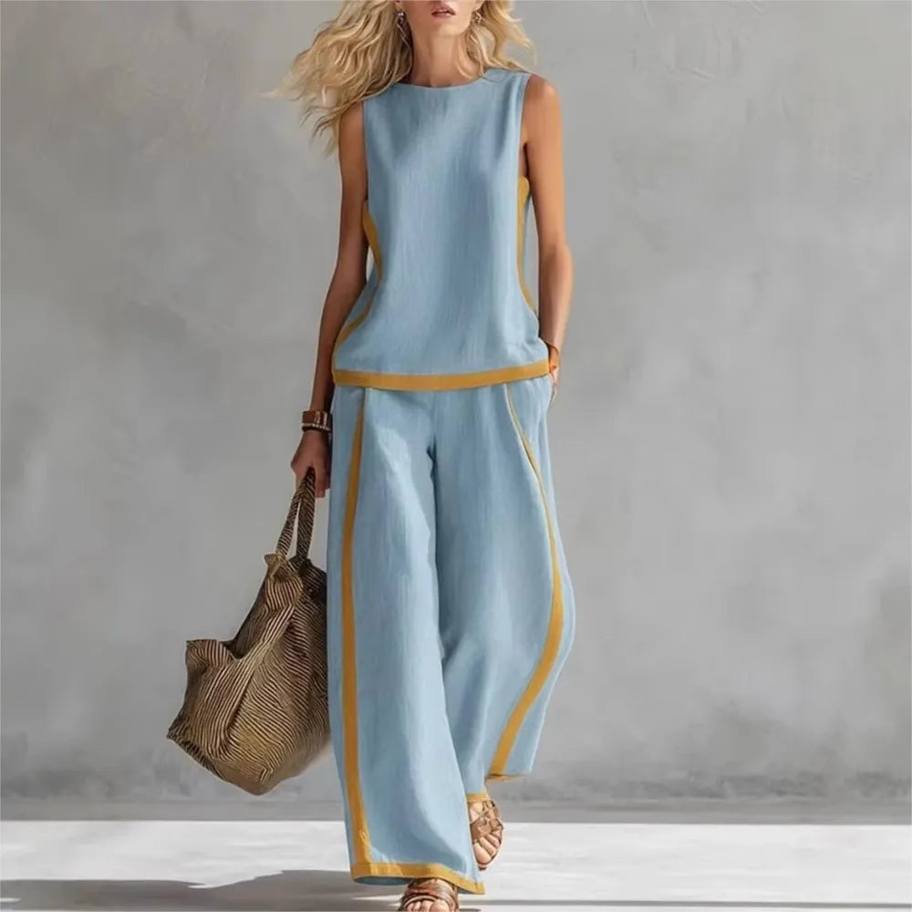 Two Piece Set – Striped Splicing – Synthetic Fiber | KIMLUD