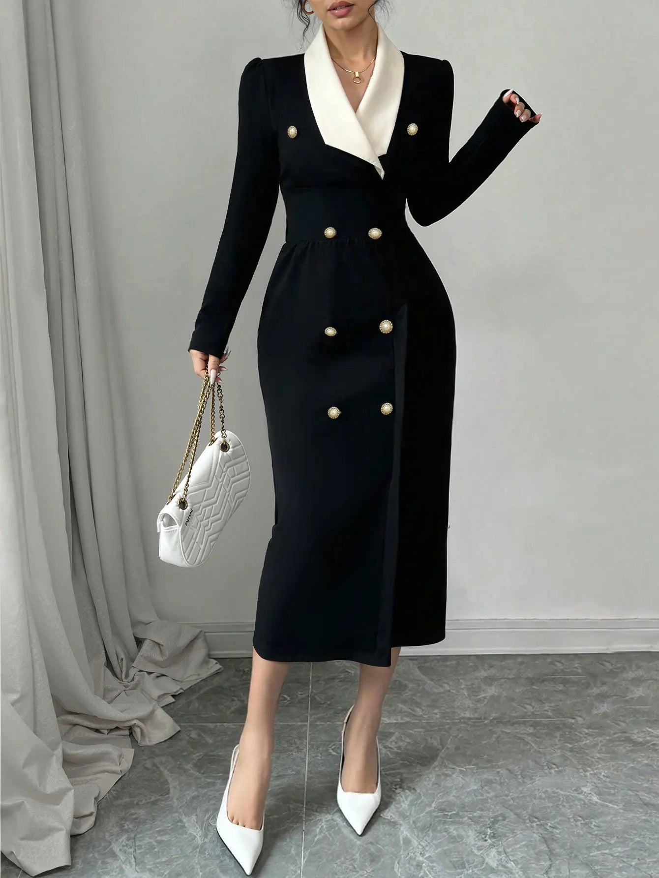 Knitted Midi Dress V-Neck Waist-Cinching Patchwork — Black and White | KIMLUD