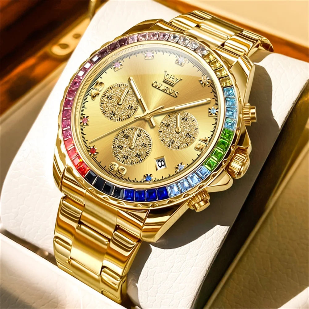 Stainless Steel Watch Rainbow Gemstone Bezel — Rose Gold | KIMLUD