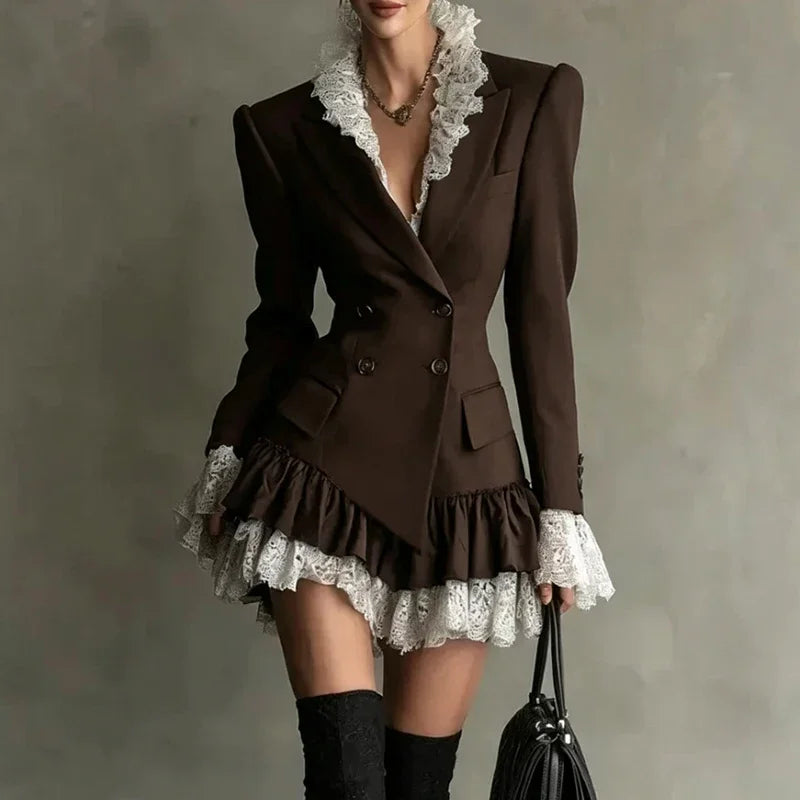 Blazer Dress – Double Breasted Lace Trim – Polyester | KIMLUD
