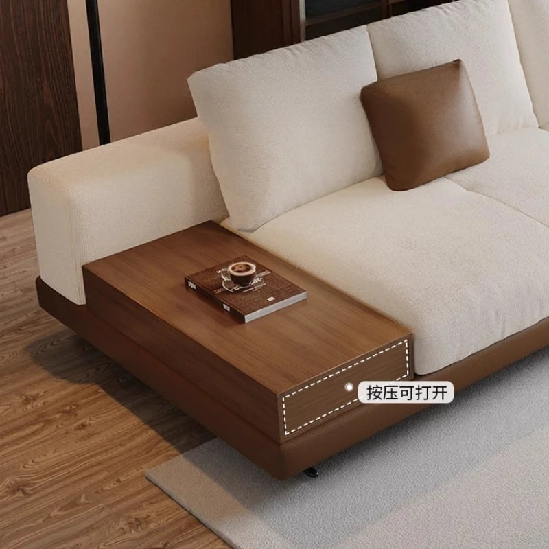 Linen-Cotton Minimalist Straight Sofa With Edge Table — Ivory | KIMLUD