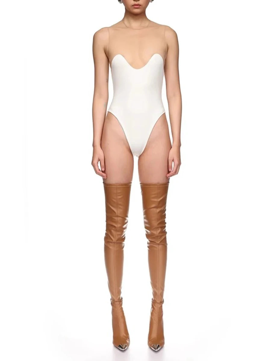 TWOTWINSTYLE Solid Spliced Mesh Slimming Jumpsuit For Women O Collar Sleeveless High Waist Minimalist Jumpsuits Female Fashion