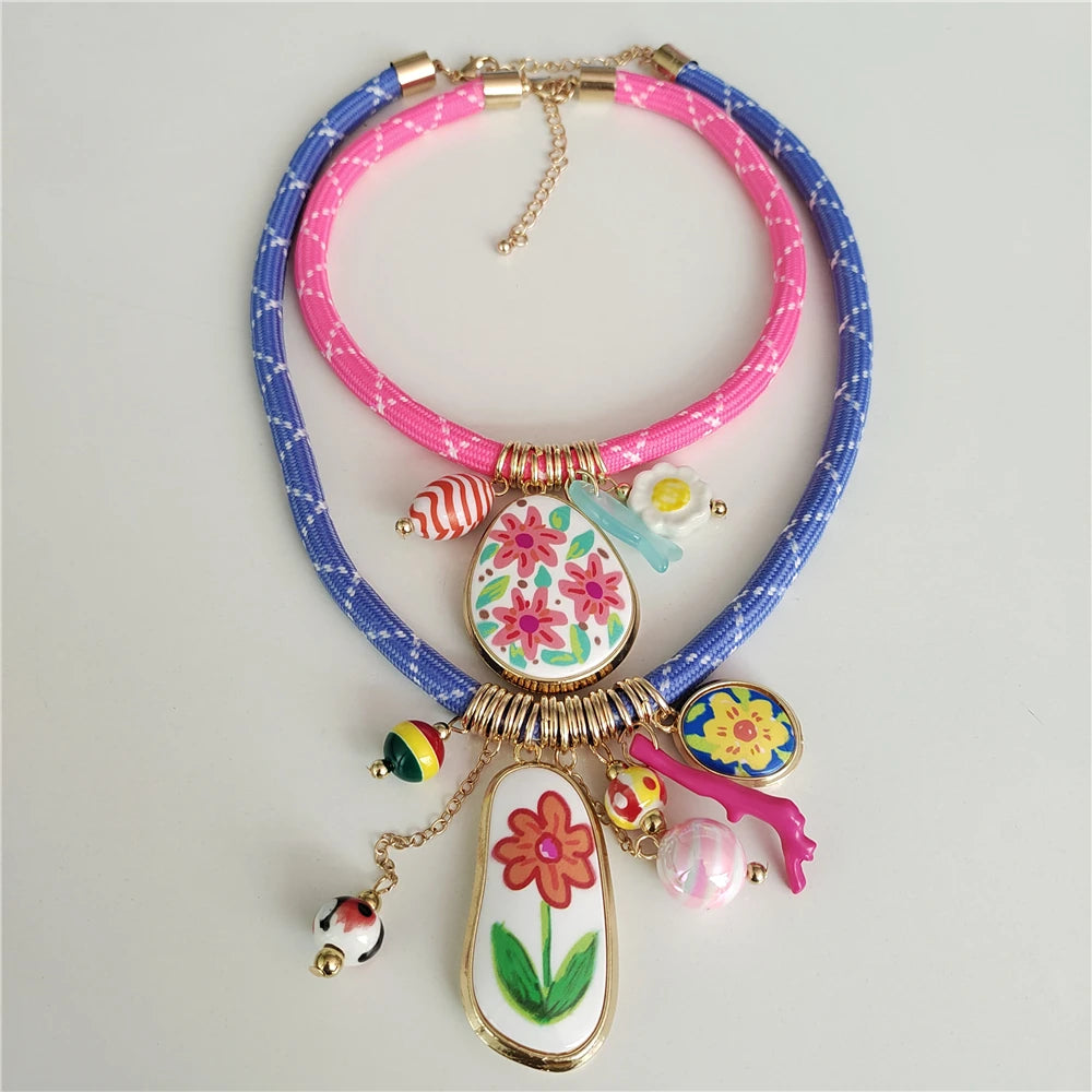 Cord Choker Necklace – Enamel Flower Pendant – Zinc Alloy – Multicolor | KIMLUD