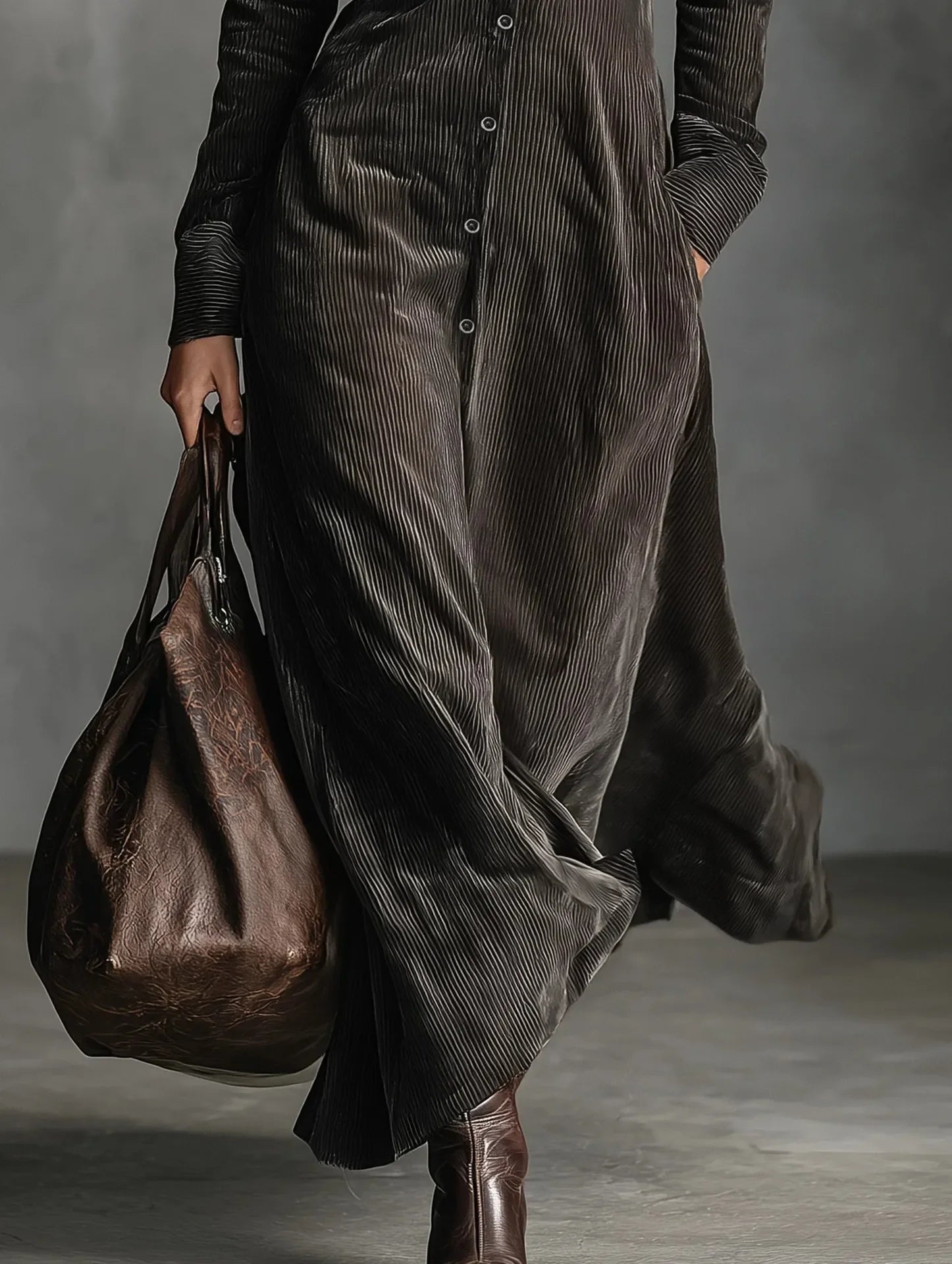 KIMLUD, Womens Corduroy Dress Retro High Street Style Turndown Collar Single Breasted Long Sleeve Slim Fit with Pockets Autumn, KIMLUD Womens Clothes