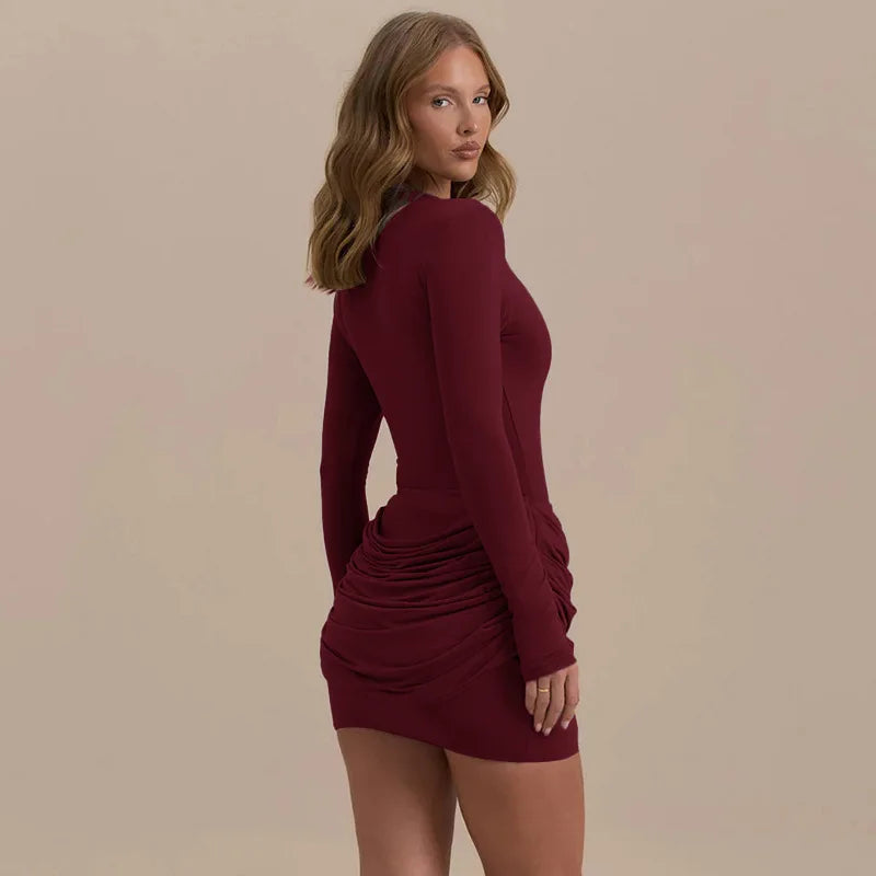 Polyester Pleated Stretch Long Sleeve Dress Gathered Hip Silhouette — Jet Black | KIMLUD
