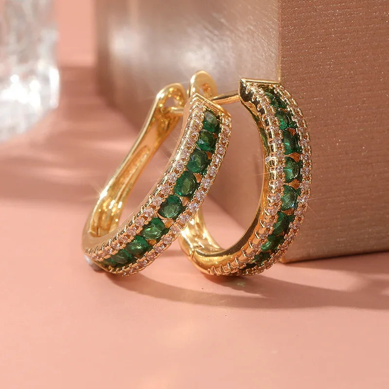 Cubic Zirconia Hoop Earrings Inlaid — Green | KIMLUD