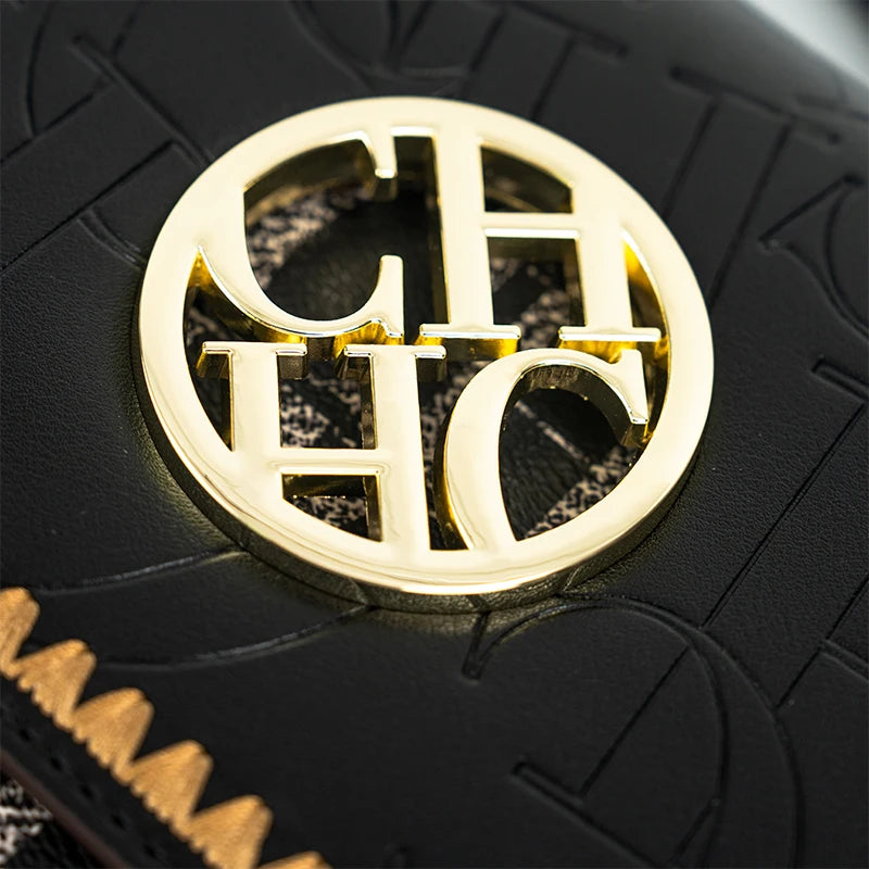 Letter-Embossed PVC Shoulder Bag Gold Medallion — Black | KIMLUD