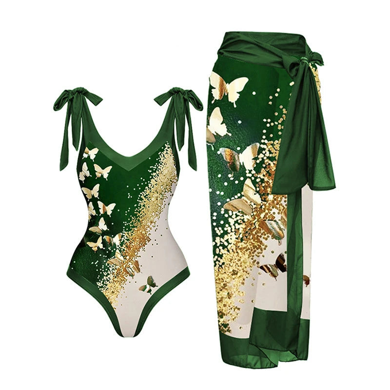 Halter Floral One Piece Swimsuit Skirt — Green | KIMLUD