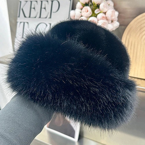 Mink Fur Hat Plush Cotton Lining Warm Winter — Black | KIMLUD