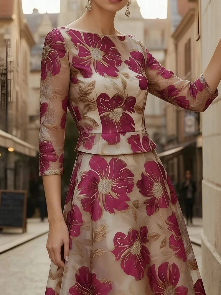 Vintage O-neck Pattern Printed Half Sleeve Dress Summer Elegant High Waist A-line Maxi Dress Temperament Banquet Spliced Dresses