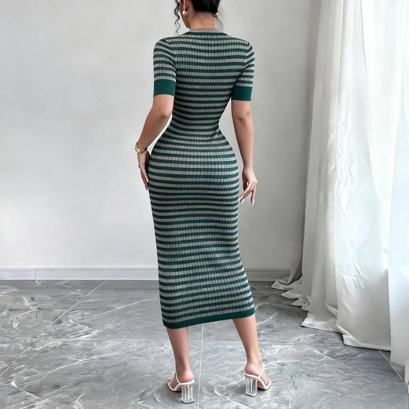 Knit Striped Bodycon Maxi Dress — Emerald Green | KIMLUD