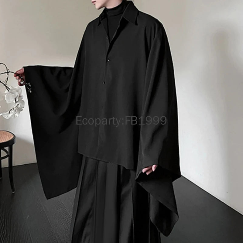 Men Hanfu Shirt – Black Lapel Flare Long Sleeve Gothic – Polyester – Black | KIMLUD