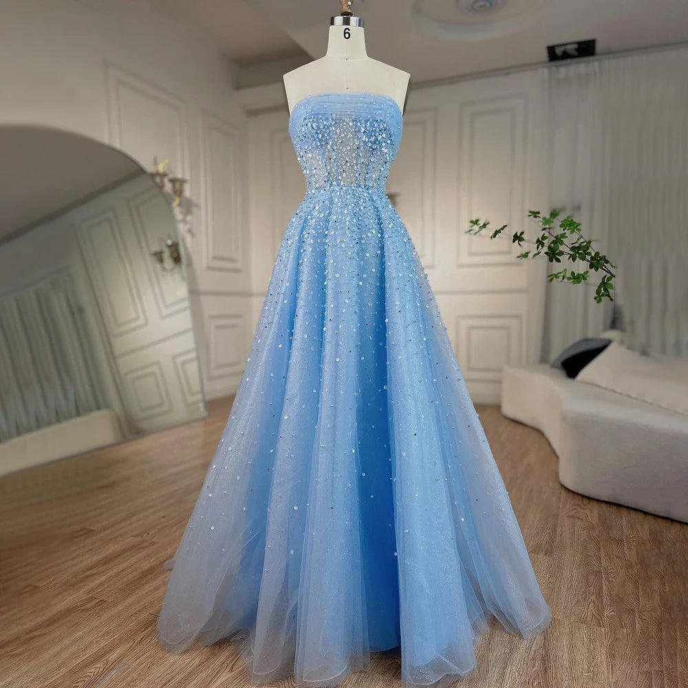 KIMLUD, Arabic Beige Sexy A Line Beaded Elegant Long Evening Dresses Gowns For Women Wedding Party With Gloves 2023 BLA72009 Serene Hill, blue / 4, KIMLUD Womens Clothes