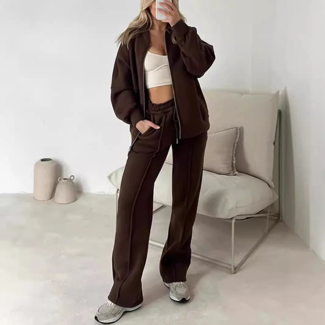 Two-Piece Tracksuit With Zip Sweatshirt And Straight Pants — Olive | KIMLUD