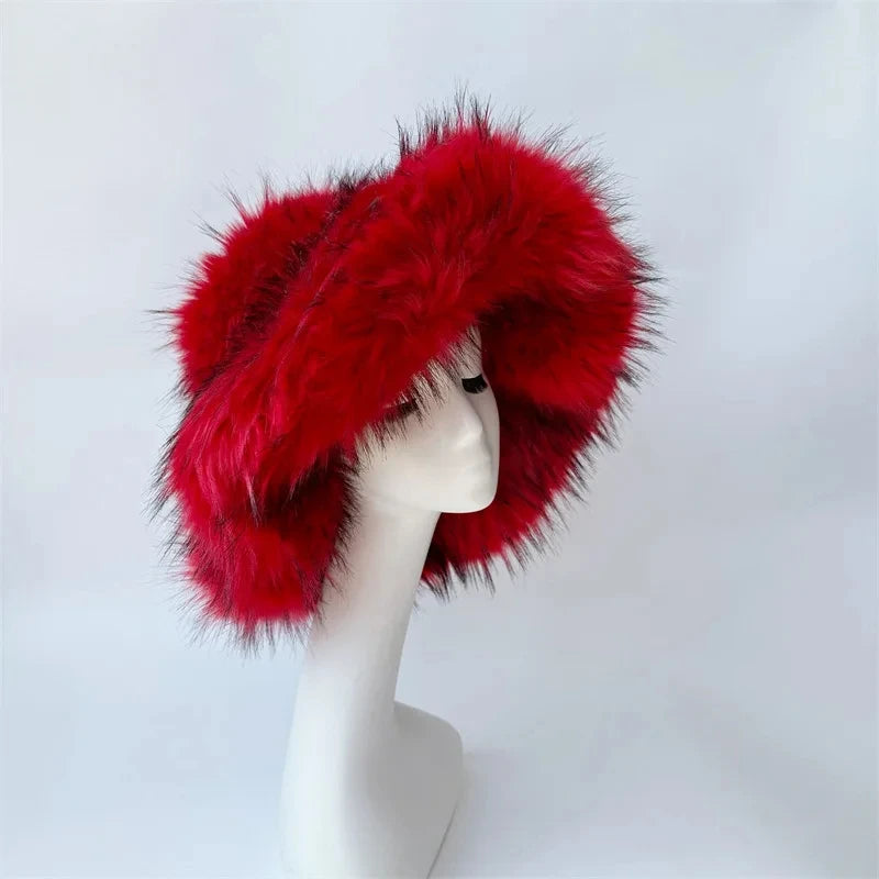 Winter Women Faux Fur Bucket Hat Warm Raccoon Fur Hat Oversize Outdoor Punk Hat Girl Fashion Long Fur Bucket Hat Furry Cute Cap - KIMLUD