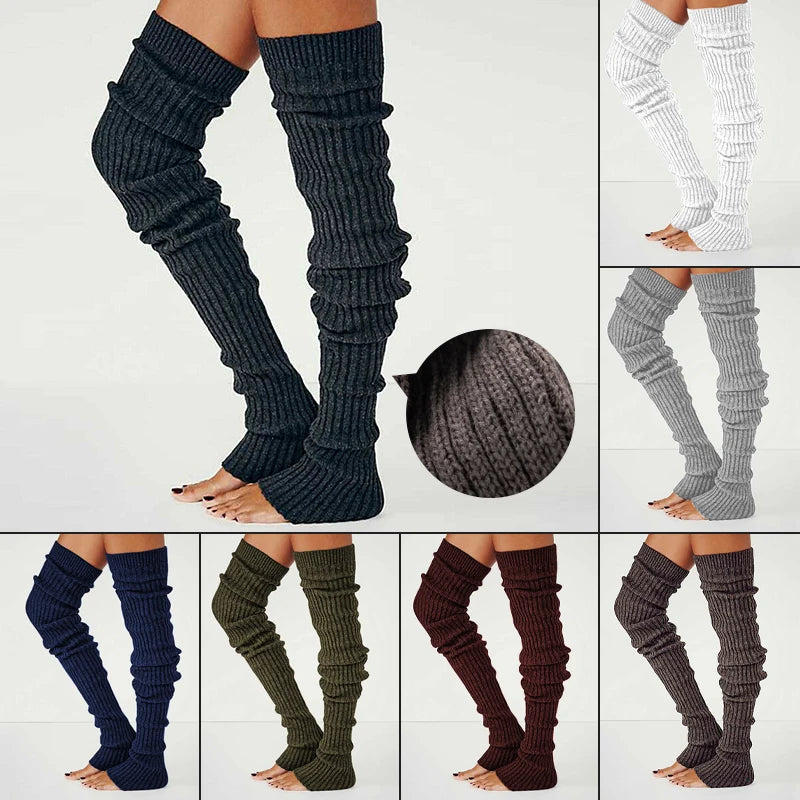 Knitted Cotton Blend Leg Warmers Knee High — Black | KIMLUD