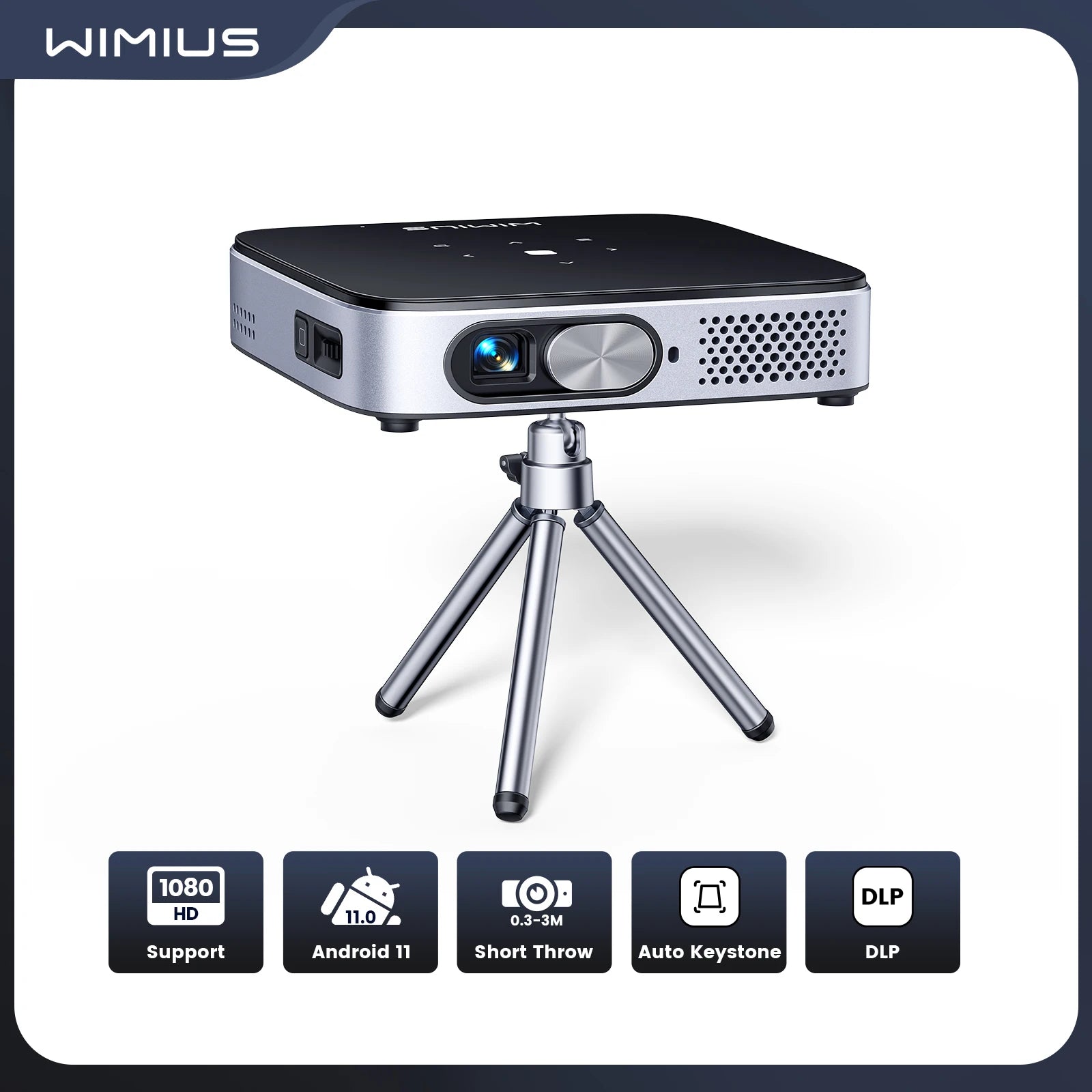 WiMiUS Mini Projector Android 11.0 DLP Projector Rechargeable Ultra Short Throw WiFi Bluetooth Projector FHD 1080P Support