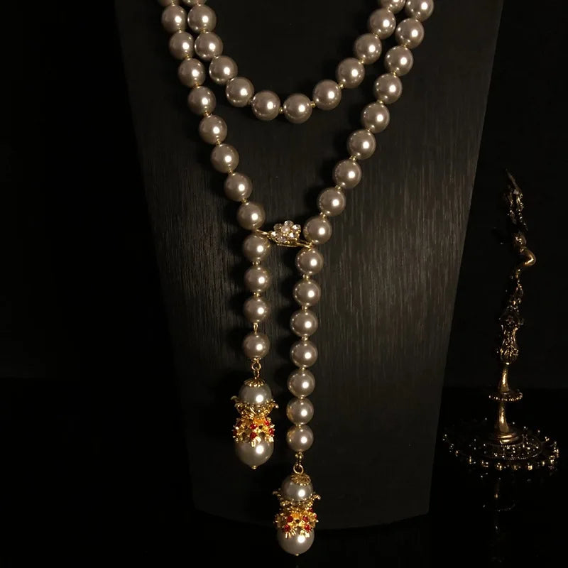 Stylish vintage Baroque exaggerated glass necklace pearl ultra long haute couture women's jewelry sweater Chain earrings set