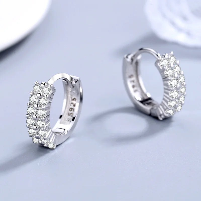 URMYLADY 925 Sterling silver needle Earrings Fashion High Quality Jewelry Double Row Crystal Zircon Round Stud - KIMLUD