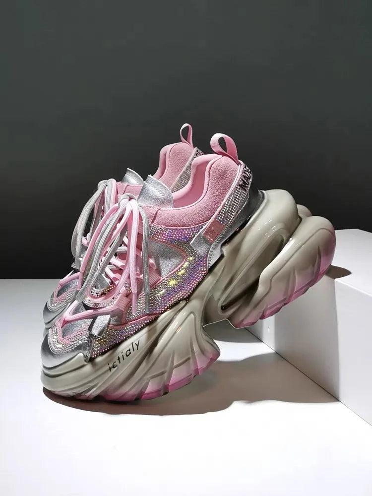 Real Leather Heels Crystal Platform — Soft Pink | KIMLUD