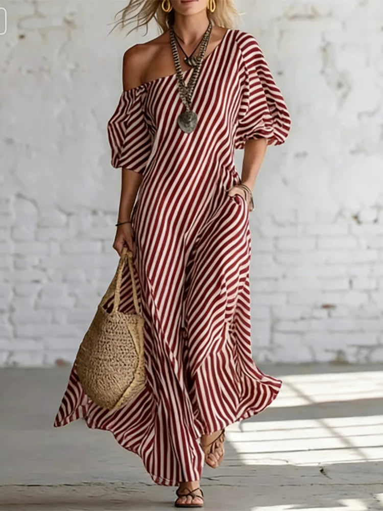 Single-Shoulder Bubble-Sleeve Dress Striped Print Loose-Fit — Black And White | KIMLUD