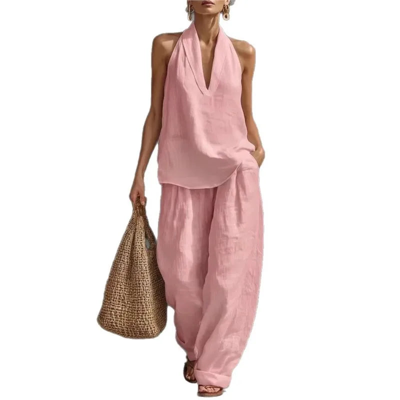 Two Piece Set – Sleeveless V Neck Top and Wide Leg Pants – Broadcloth | KIMLUD