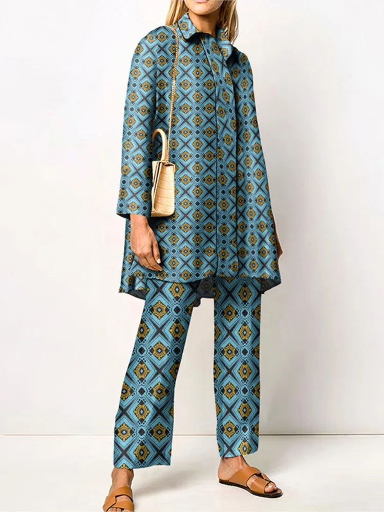 Two Piece Set – Loose Vintage Printed – Synthetic Fiber – Wide Leg | KIMLUD