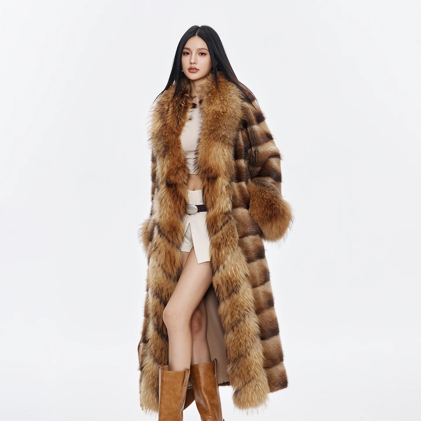 Luxurious Muskrat Fur Solid Long Coat — Natural | KIMLUD
