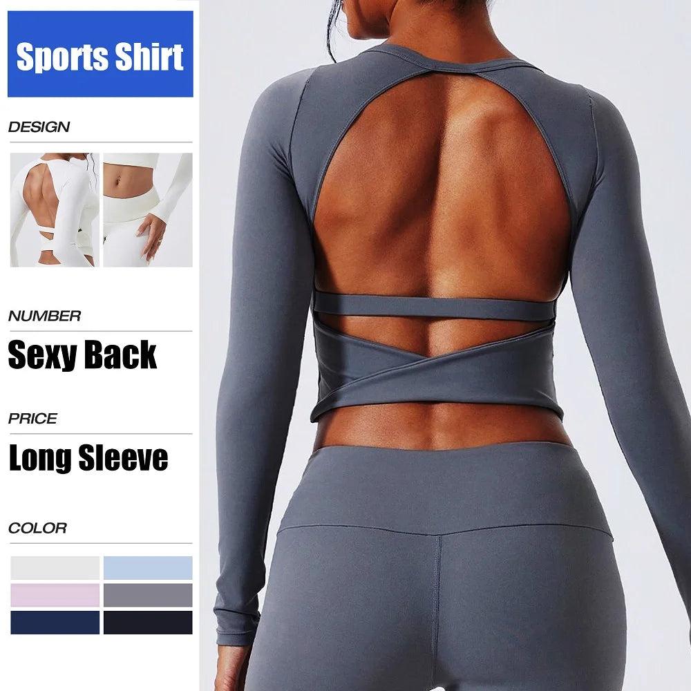 Cloud Hide Yoga Shirt Sexy Back Long Sleeve — Gray | KIMLUD