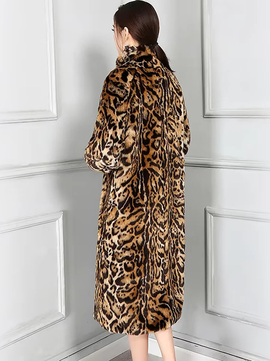 Nerazzurri Autumn Winter Long Thick Warm Colorful Leopard Print Fluffy Faux Fur Coat Women Stand Collar Luxury Furry Overcoat