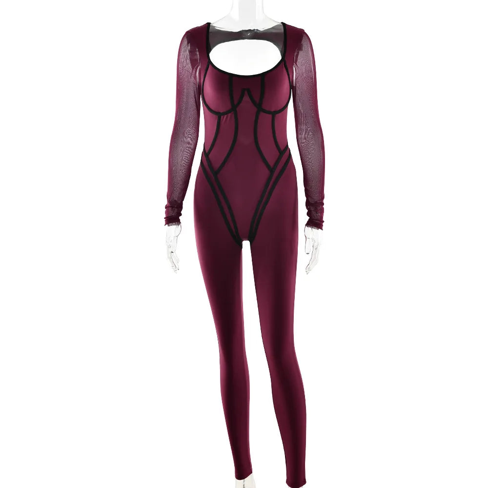 Backless Jumpsuit Long Sleeve High Waist Hollow Out — Burgundy | KIMLUD