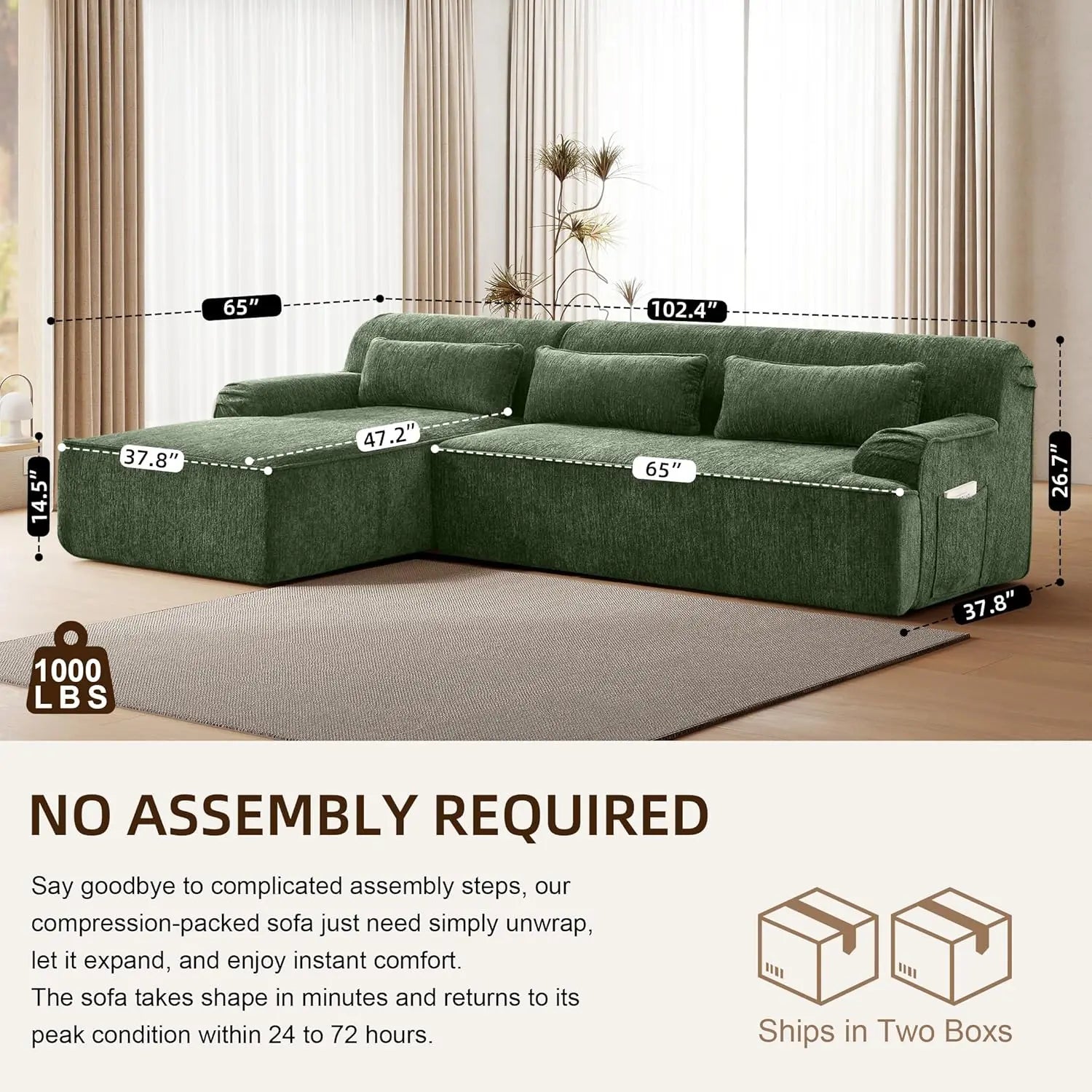 Chenille L-Shaped Sectional Sofa Left-Facing 102in — Moss Green | KIMLUD