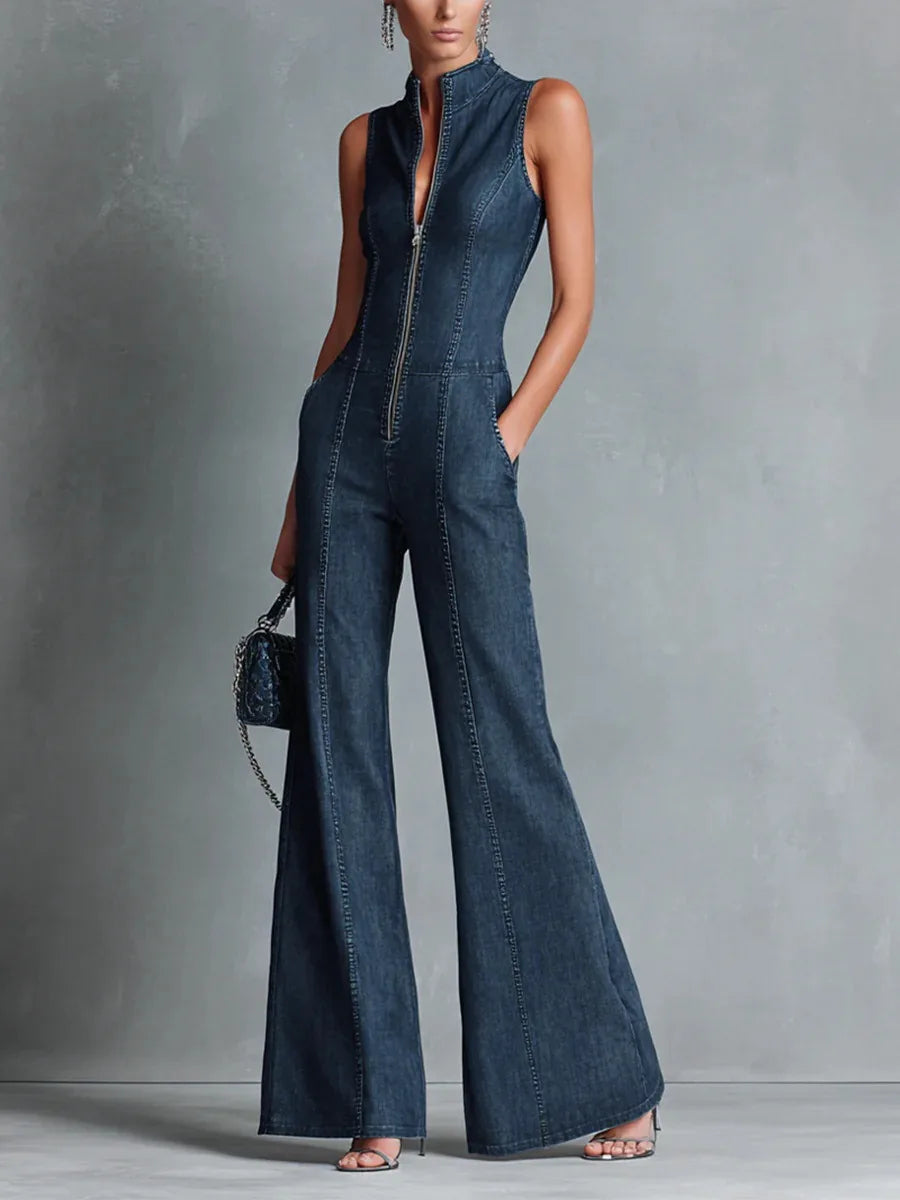 Jumpsuit – High Neck Front Zip – Sleeveless Wide Leg Polyester | KIMLUD