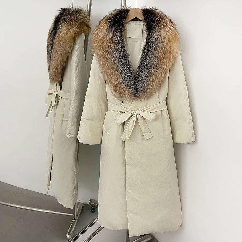 OFTBUY Long Puffer coat Real Fox Fur White Duck Down Coat New Winter Women Collar Fluffy  Jacket Female Thick Warm Reality Fur