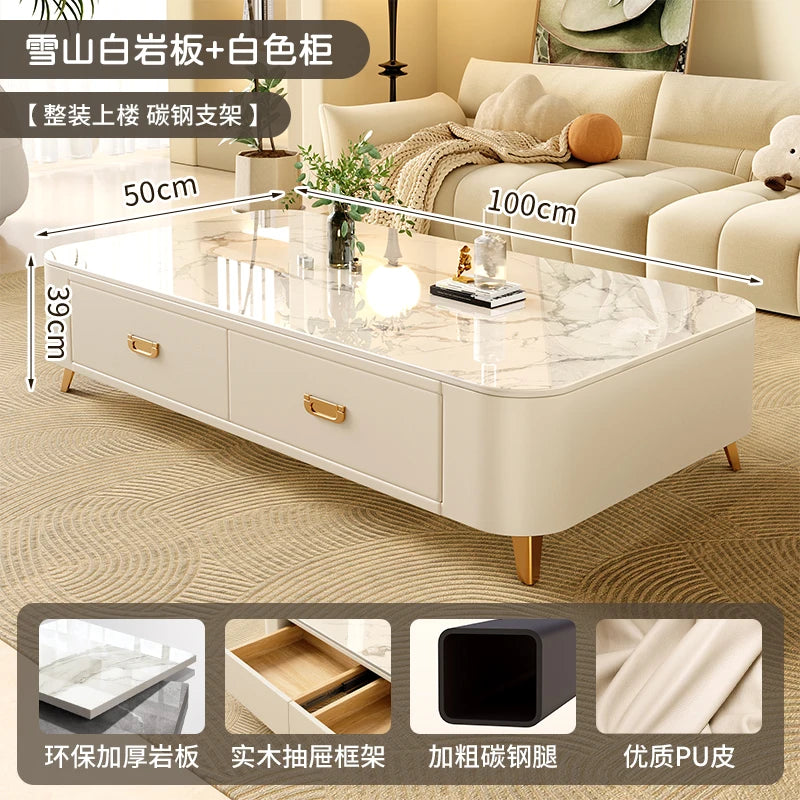 Rock-Slab Coffee Table With Wooden Frame — White | KIMLUD