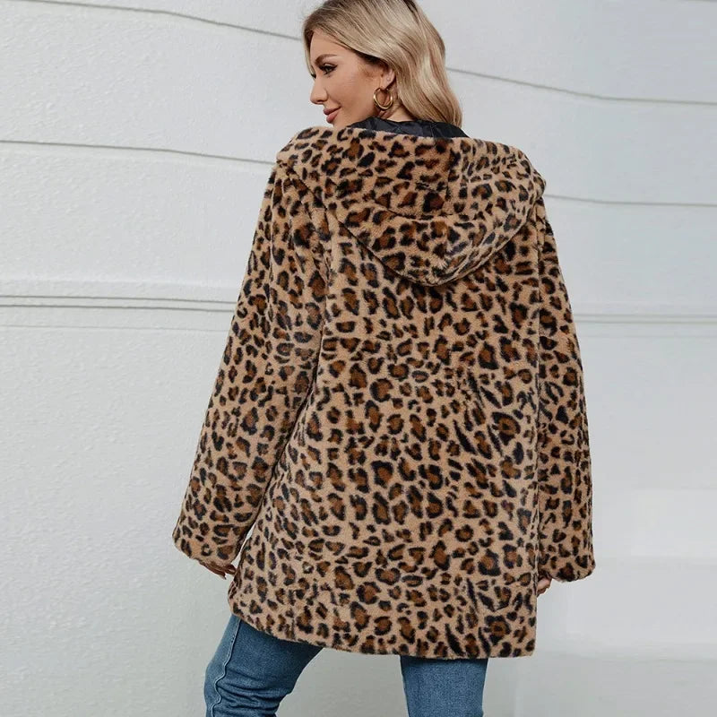 ZXRYXGS 2025 New Fashion Autumn Winter Coats Loose Medium Length Jackets Leopard Print Imitation Fur Coat Women's Clothing Tide