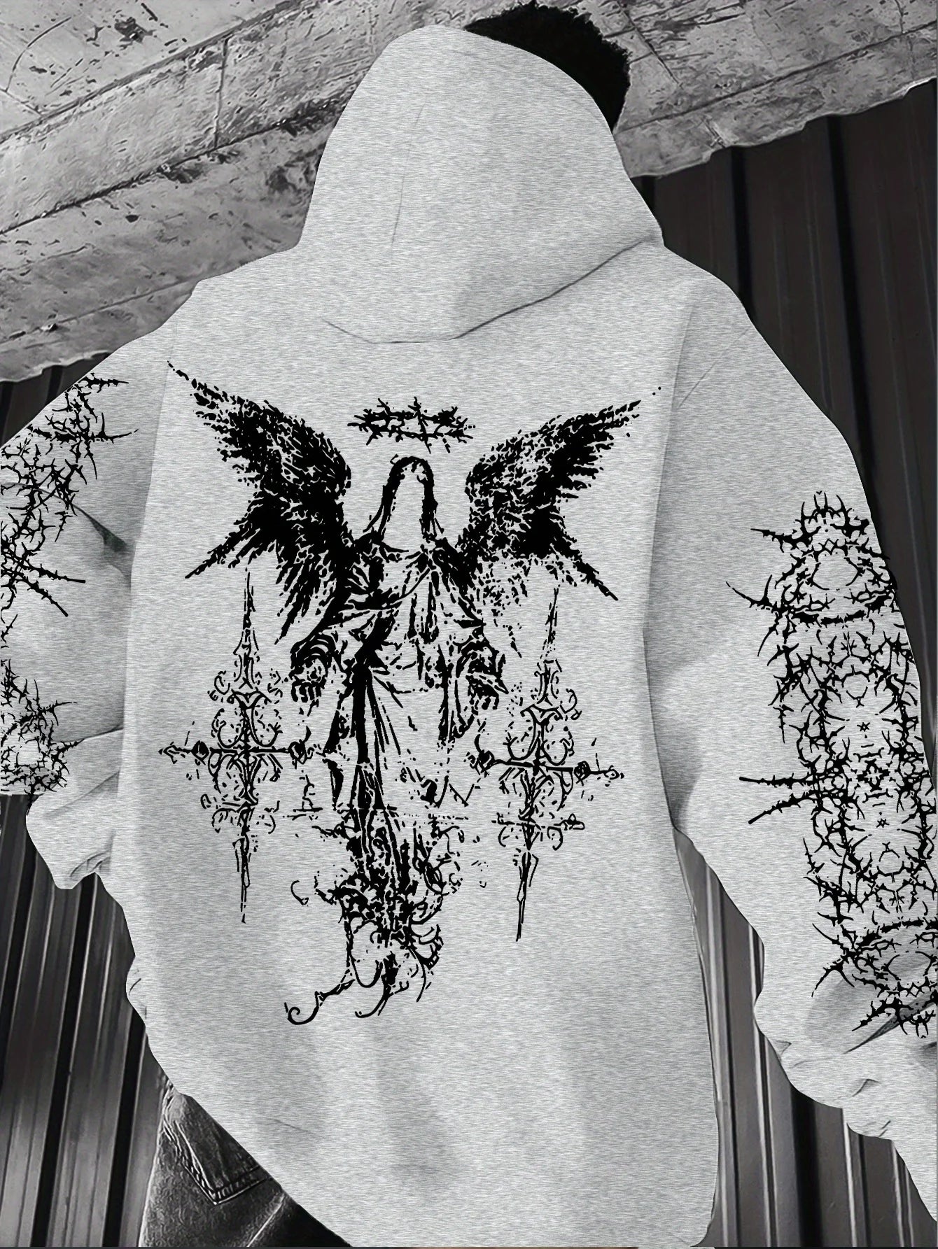 Hooded Sweatshirt – Angel Graffiti Thorn Print – Polyester – Regular Fit | KIMLUD