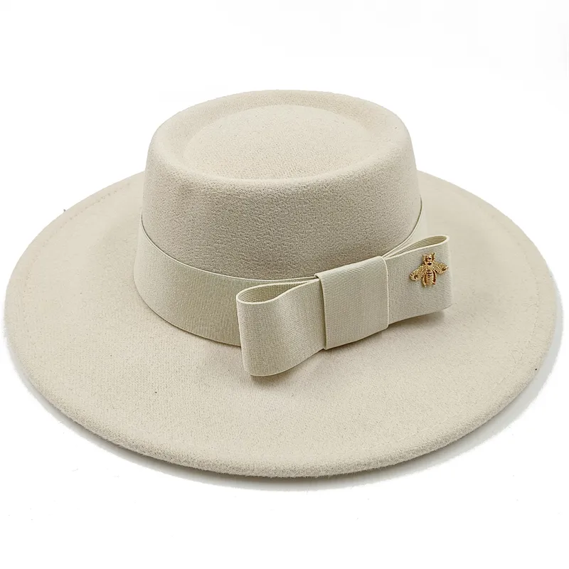 KIMLUD, Wholesale Fedora hats Winter round concave convex surface flat top bow elastic ribbon men&#39;s and women&#39;s felt jazz hats Fedora, 32 / China / 56-58cm, KIMLUD Womens Clothes