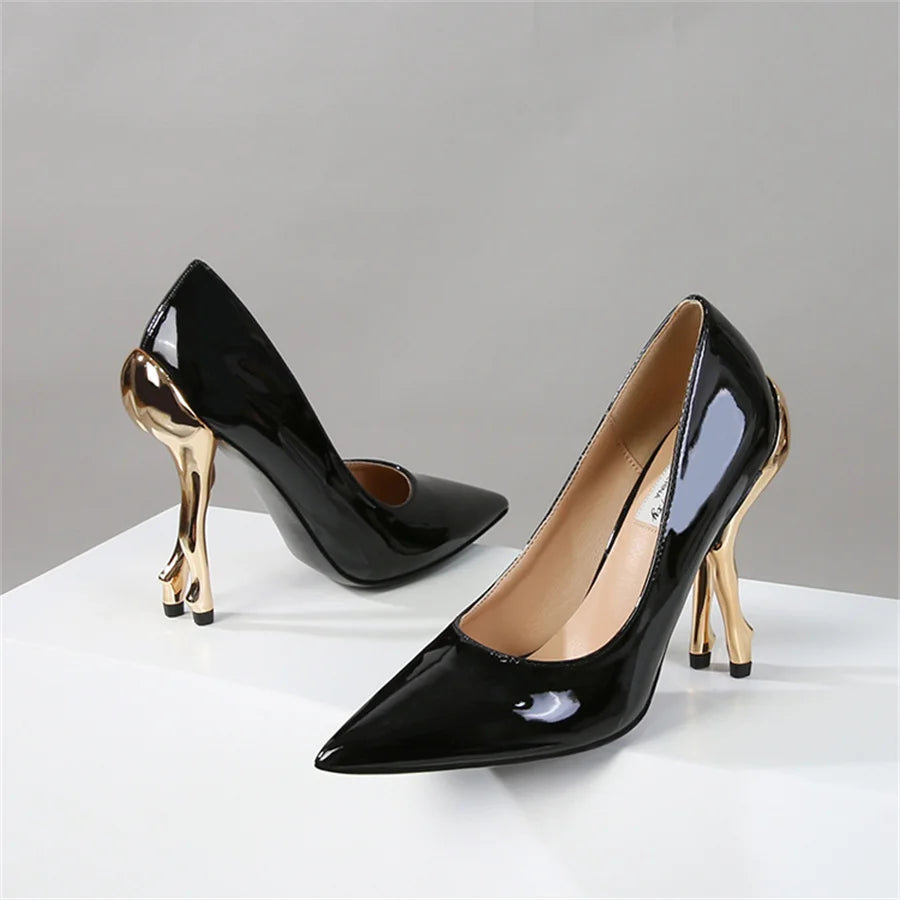 Deigner Gold Hip High Heels Runway Women Pumps Pointed Toe Strange Heel Dress Shoes Black Patent Leather Ladies Stiletto