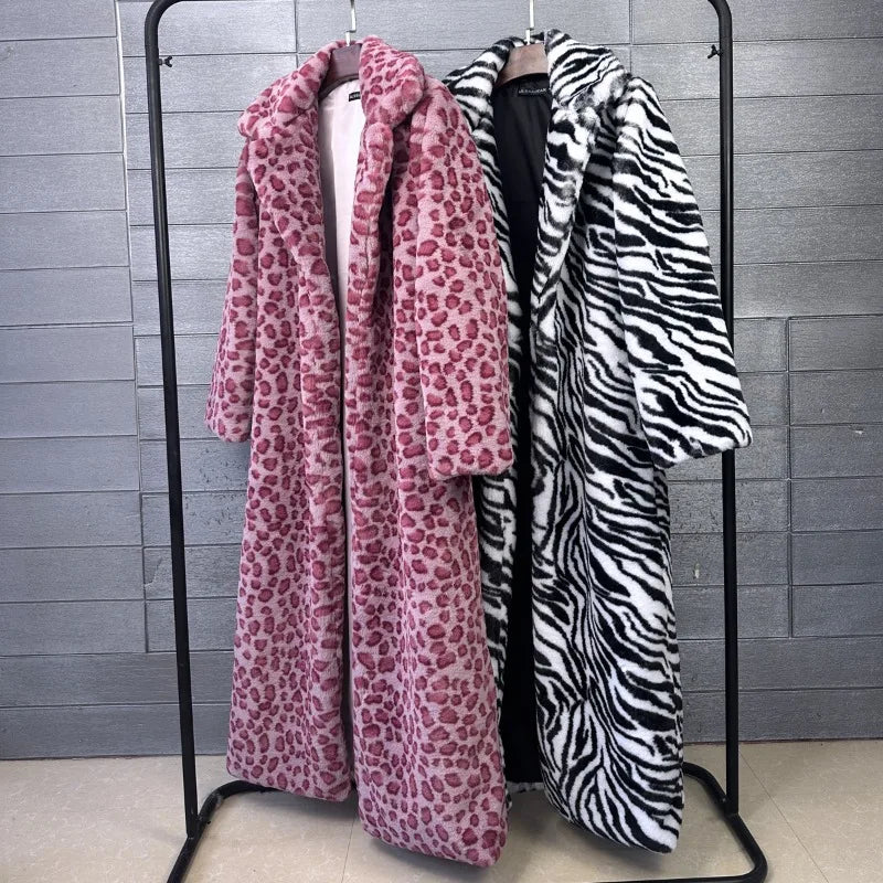Fur Coat – Faux Rabbit Hair – Leopard Print Overcoat X-Long | KIMLUD