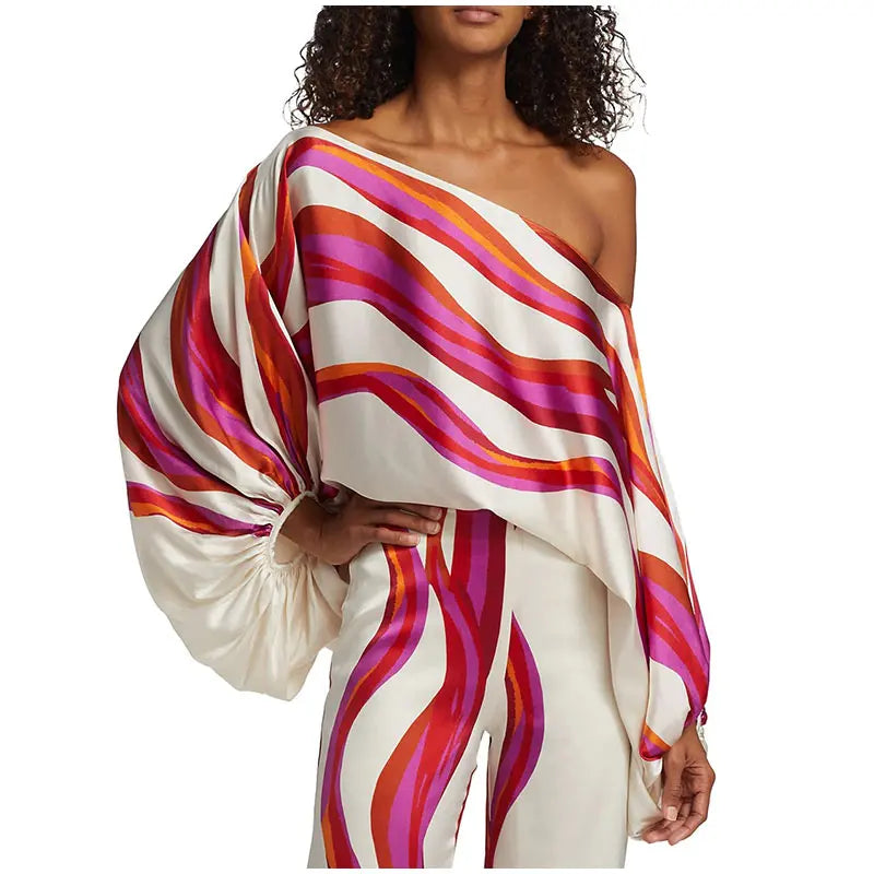 Satin Print Pajama Set Off-Shoulder Slash-Neck Top Long Pants — White | KIMLUD
