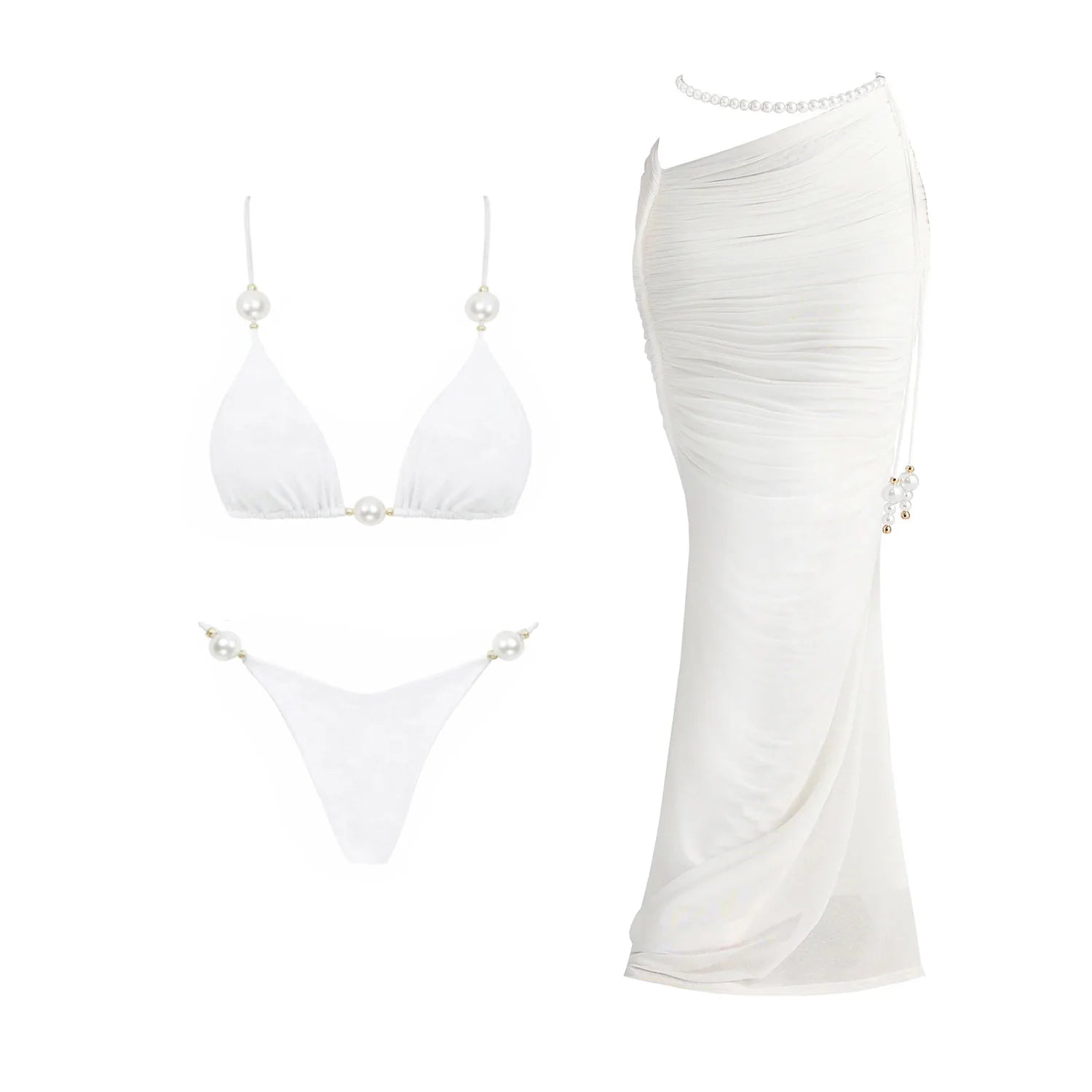 Pearl 3Pcs Bikini Set 2025 Bandeau Biquini Women Sexy Swimsuit Push Up Swimwear Female Mesh Skirt White Bathing Suit Beachwear