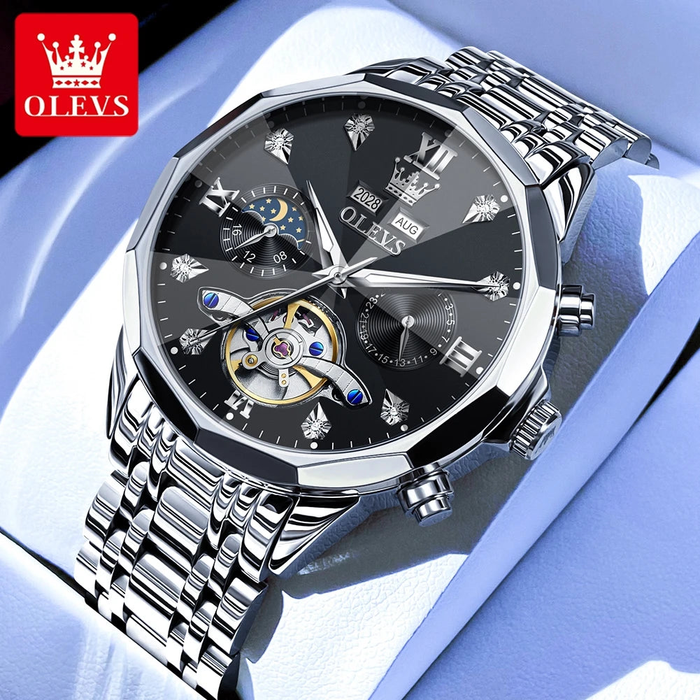 OLEVS Original Brand Men's Watches Skeleton Luminous Moon Phase Automatic Mechanical Watch Prism Mirror Fashion Top Wristwatch