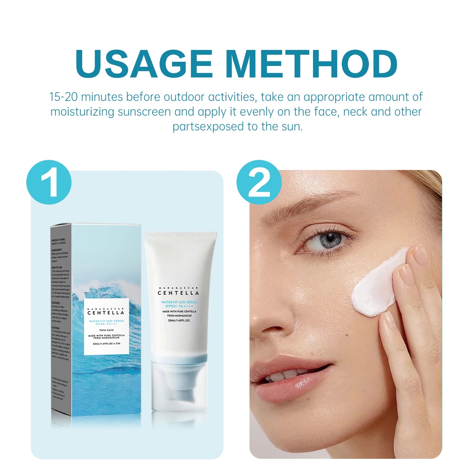 2/1pcs SPF50+ Sunscreen Cream Centella Strong UV Protection Water-Based Sunscreen Sun Body Sunblock Moisturizing Skin Care