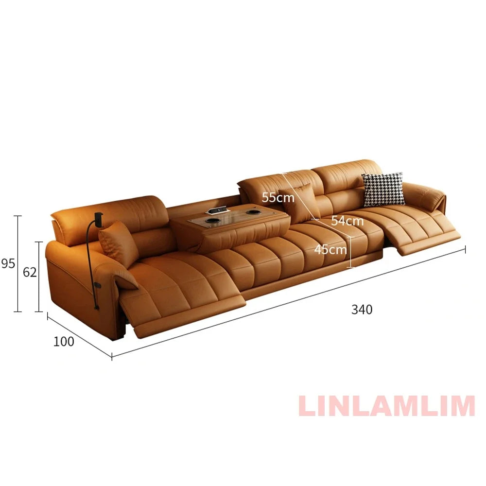 Italian Genuine Leather Electric Reclining Sofa With Adjustable Footrest USB And Foldable Center Console — Caramel Tan | KIMLUD