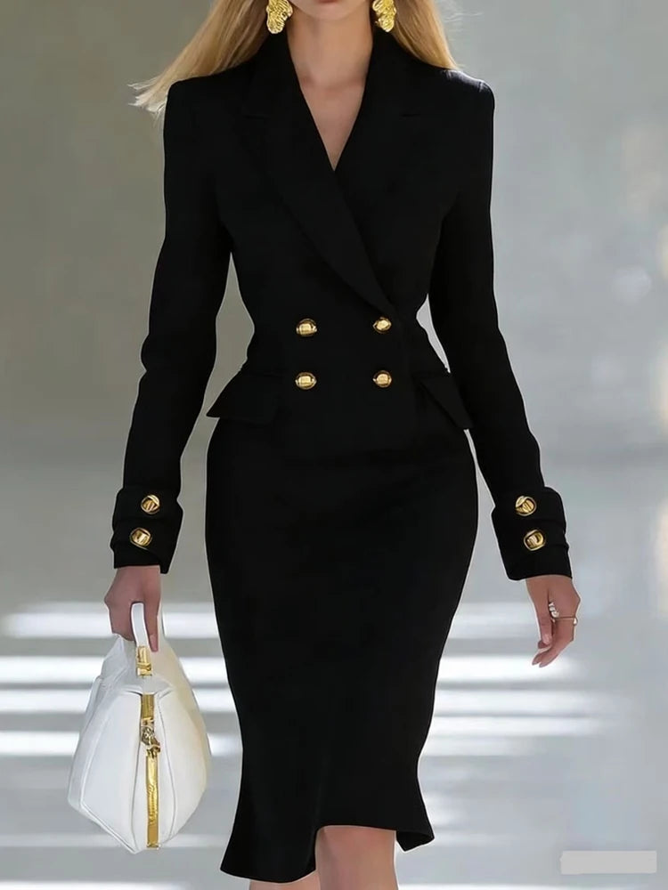 Elegant V-neck Double breasted Blazer Dress Fashion Commute Hight Waist Solid Party Dress Lady Casual Long Sleeve Wrap Hip Dress